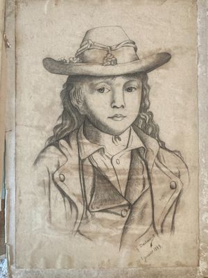 an old drawing of a young girl wearing a hat and jacket