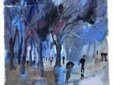 un tableau représentant des personnes marchant sous la pluie avec des parapluies