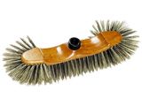 a close up of a brush with a wooden handle on a white background