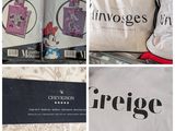 plusieurs photos différentes de sacs et d'oreillers exposés dans un magasin