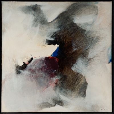 abstract painting of a person falling off of a horse in the snow