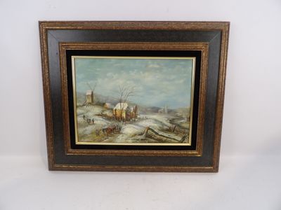 un tableau représentant un paysage hivernal avec une calèche au premier plan