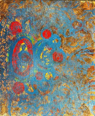 une image représentant un tableau sur un fond bleu, orné de fleurs rouges et jaunes