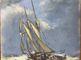 une peinture à l'huile représentant un voilier sur une mer agitée par temps nuageux