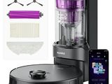 an image of a black and purple robot vacuum with a phone next to it