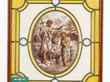 painting of a man and a woman in a stained glass frame
