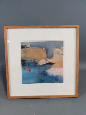 framed watercolor painting of a beach scene with a red boat