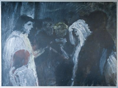 un tableau représentant un homme et une femme debout dans une pièce sombre