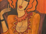 une peinture à l'huile représentant une femme coiffée d'un chapeau rouge et tenant une cigarette