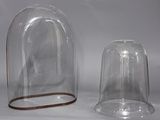 two glass bell jars sitting next to each other on a table