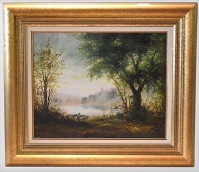 an image of a painting of a landscape with a boat in the water