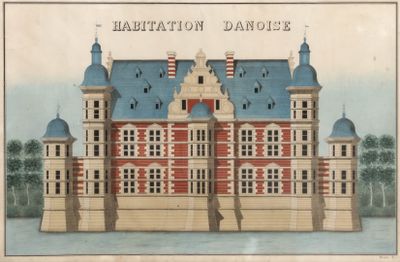 drawing of a large red and white building with a blue roof