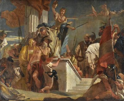 une image d'un tableau représentant un groupe de personnes sur une scène