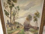 Tableau à l'huile encadré représentant une scène champêtre avec une rivière et un pont