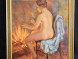 une peinture à l'huile représentant une femme nue assise devant un feu