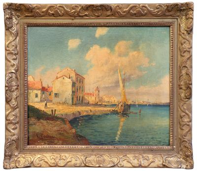une peinture à l'huile représentant un voilier sur l'eau, près d'un bâtiment
