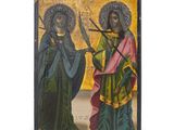 un vieux tableau représentant deux femmes tenant des épées et se tenant côte à côte