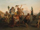 tableau représentant un groupe de personnes à cheval
