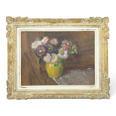 painting of a vase of flowers on a table with a white background