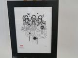 un dessin en noir et blanc représentant un groupe de personnes, encadré