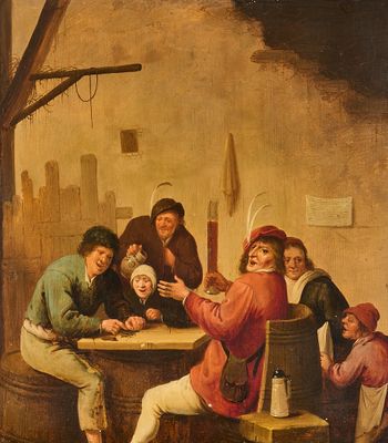 une peinture à l'huile représentant un groupe de personnes assises autour d'une table