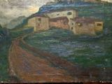 une peinture à l'huile représentant une route menant à un village situé sur une colline