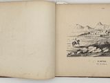 an open book with a drawing of a mountain scene