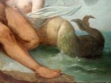 a painting of a woman sitting on a rock by the water
