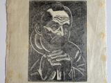 an old black and white drawing of a man holding a cane