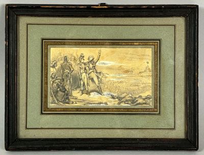 tableau représentant un groupe de personnes sur une plage, avec un chien au premier plan