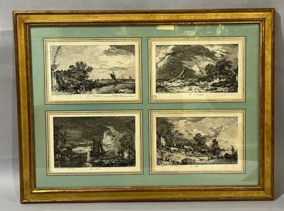 four framed pictures of a farm scene with cattle and cattle
