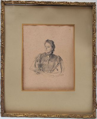 an old drawing of a woman sitting in front of a white wall