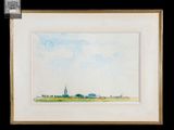 une image représentant une aquarelle représentant un paysage avec une église au loin