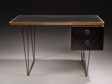 a black desk with two drawers and hairpin legs
