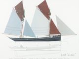 a drawing of a sailboat with red sails
