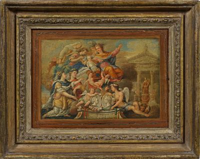 un vieux tableau représentant un groupe de personnes dans une pièce