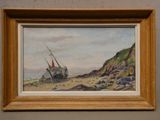an image of a painting of a boat on a rocky beach