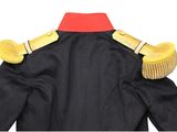 a close up of a black jacket with a red collar and a yellow brush