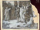 a drawing of a group of people in a wooded area