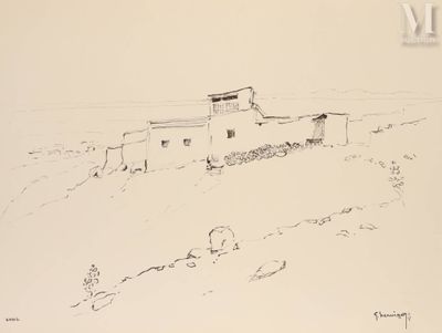dessin représentant une maison sur une colline, avec un chien au premier plan