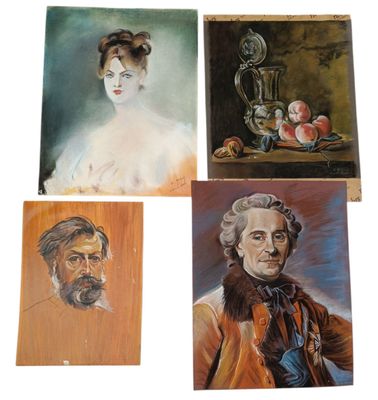 four paintings of a woman, a man, and a woman