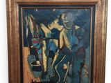 tableau représentant un homme et une femme à cheval dans une pièce bleue