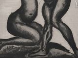 a black and white drawing of two naked women