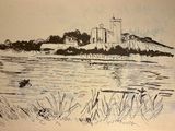 drawing of a view of a castle and a body of water