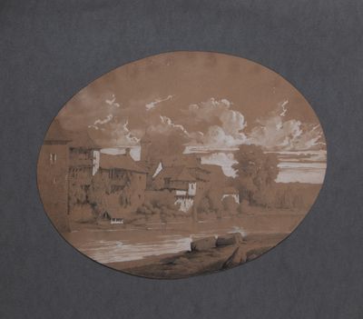 Nicolas FONVILLE (1805-1856) Village médiéval au bord d’une …