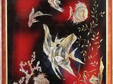 painting of a painting of a fish and sea life on a red background