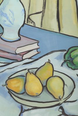 une peinture représentant un bol de poires et un poivron vert posés sur une table