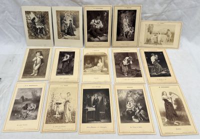 several old black and white photographs of people sitting on a table