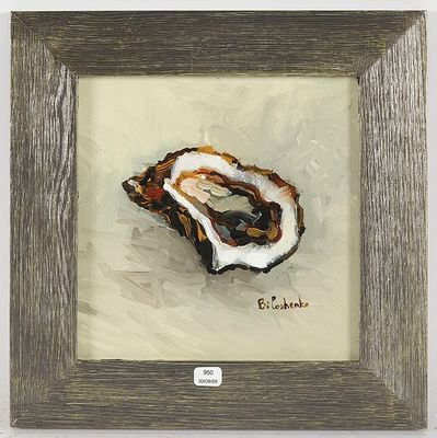 une peinture à l'huile représentant une coquille d'huître sur fond blanc