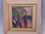 tableau représentant une femme coiffée d'un chapeau rouge et un homme en costume bleu